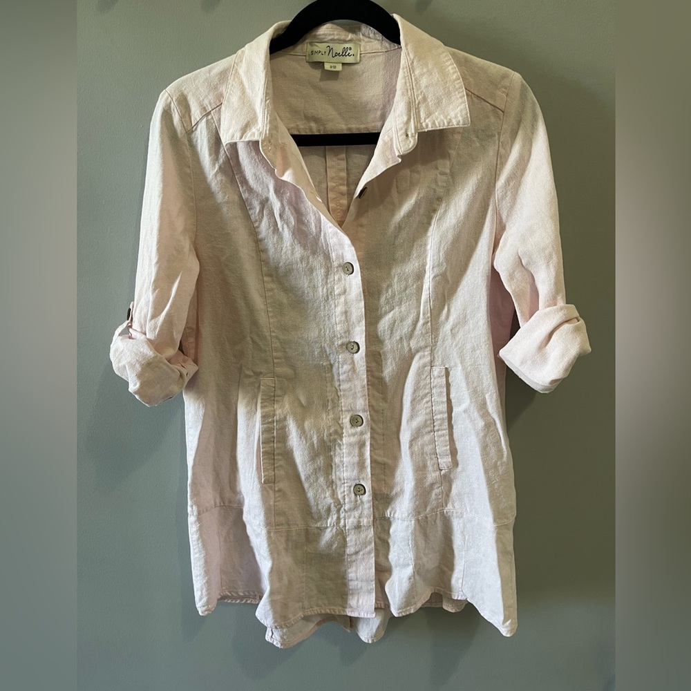 SIMPLY‎ NOELLE Linen Rayon Button Shirt Ruffle Hem small/medium light pink